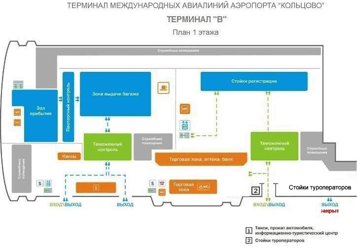 Схема терминала в аэропорте "Кольцово"